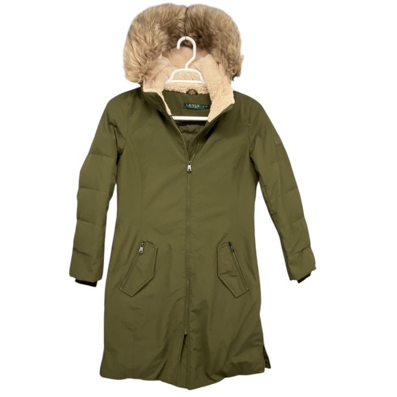 Lauren Ralph Lauren Womens Olive Green Faux Fur Trim Hooded Down Puffer Small - Picture 1 of 13